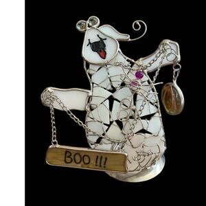 Vintage Spooky Hollow Stain Glass Candle Holder Ghost Boo Sign Halloween 2003